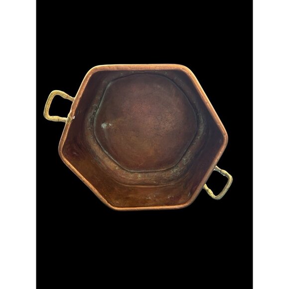Copper Pot Planter Hexagon Handmade Pieced Seamed Rolled Edge Brass Handles 7x4 - Picture 5 of 10